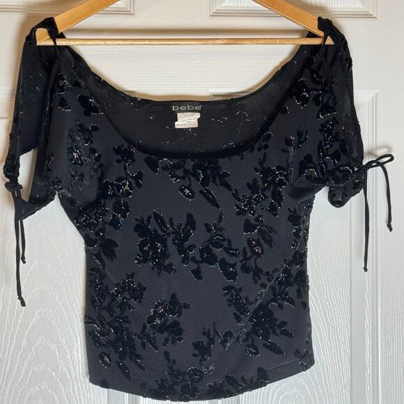 Vintage BeBe Women's Black Silver Floral off shoulder Crop Top Large Boho Goth - Picture 8 of 11